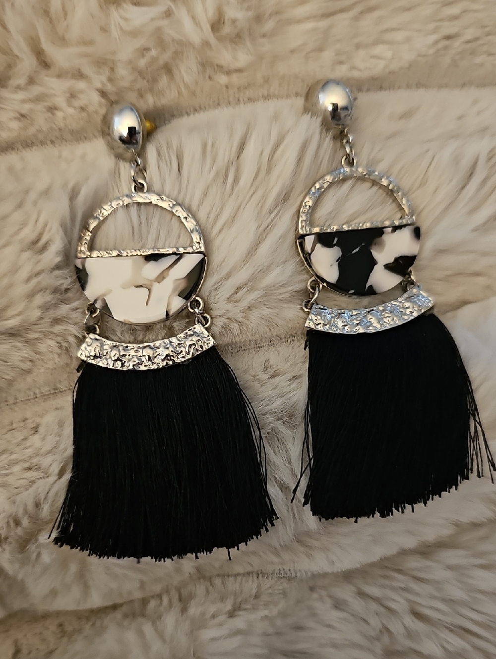 Source Unknown Black & White Tassel Drop Earrings - Silver Accents